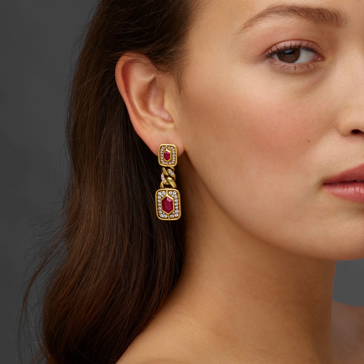 Macklowe Gallery Bulgari Ruby and Diamond Chain Link Pendant Earrings