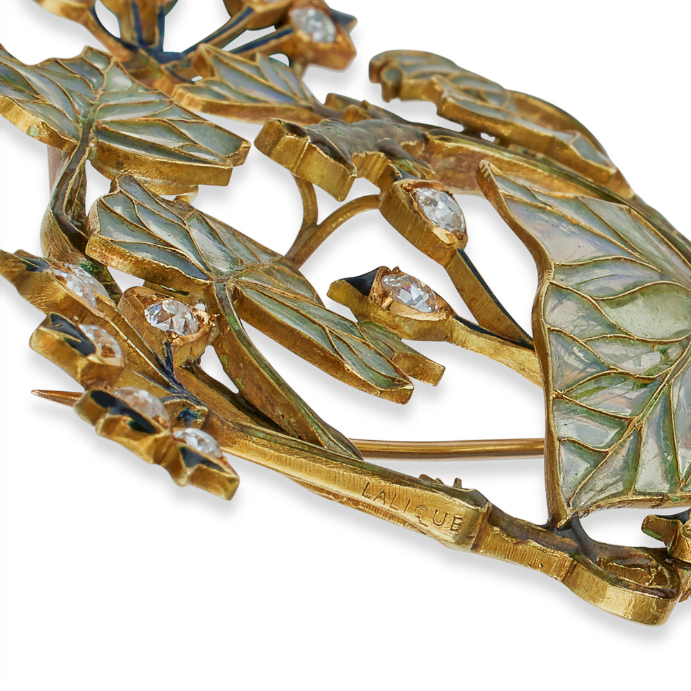 
                      
                        Macklowe Gallery René Lalique Art Nouveau Plique-à-Jour Enamel and Diamond "Lierre" Ivy Pendant Brooch/Necklace
                      
                    