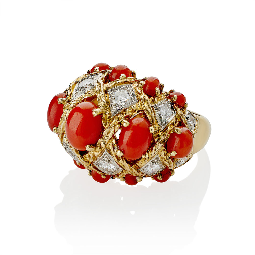 
                      
                        Macklowe Gallery André Vassort Paris Coral and Diamond Bombé Ring
                      
                    