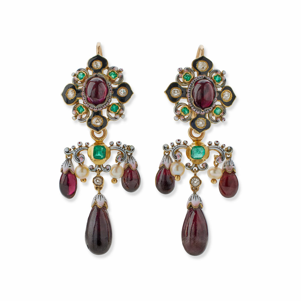 
                      
                        Macklowe Gallery French Renaissance Revival "Holbeinesque" Garnet, Diamond and Enamel Day/Night Girandole Pendant Earrings and Brooch
                      
                    