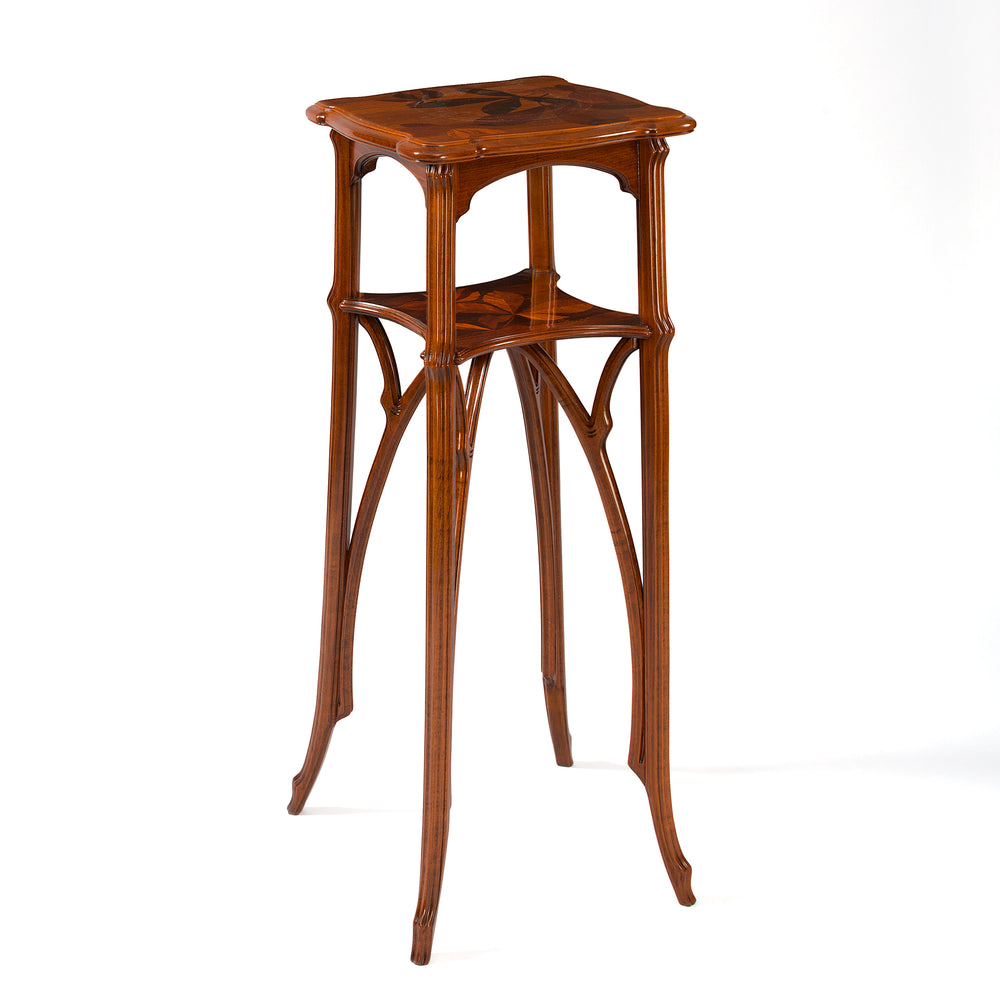 Émile Gallé French Walnut and Fruitwood Marquetry Two-Tiered Pedestal